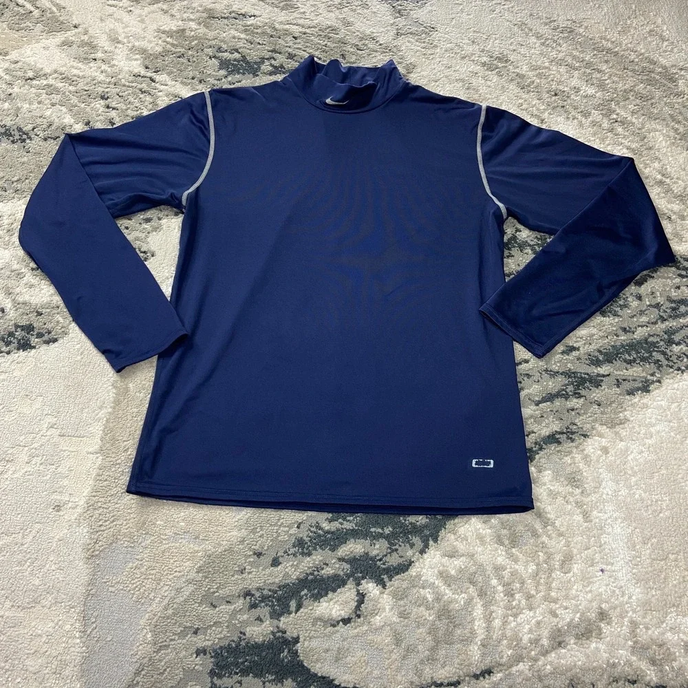 Vintage Y2K Nike Shirt‎ Sz L Blue Stretch Mock Neck Swoosh Logo Gym Activewear